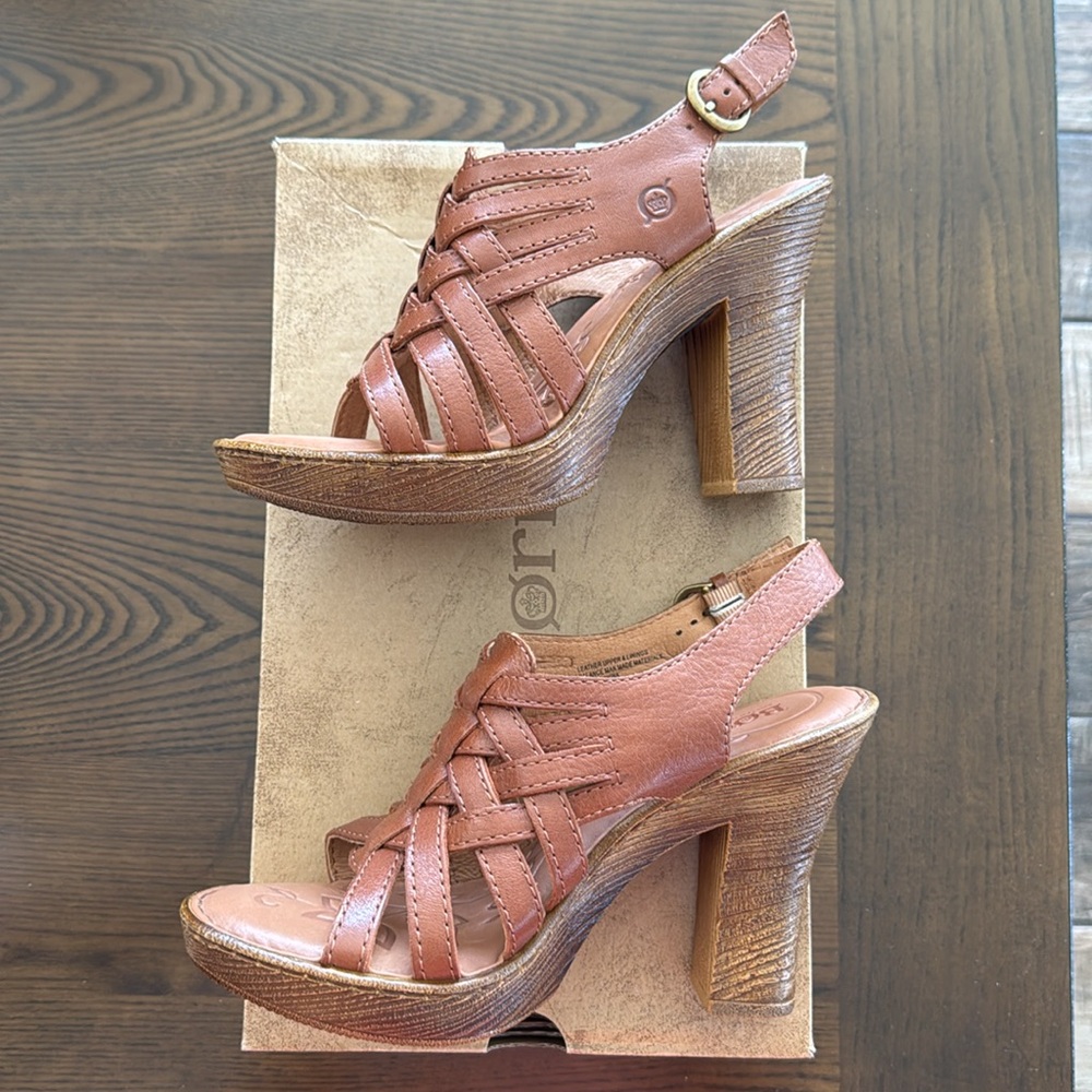 BORN Leather platform-adjustable slingback buckle strap Tan size 8 M/W New - Picture 3 of 10